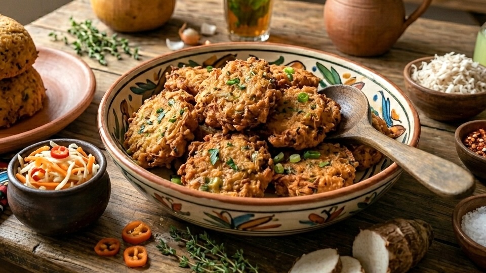 Akra Ayiti — beignets de malanga croustillants sur fond de sauce pikliz