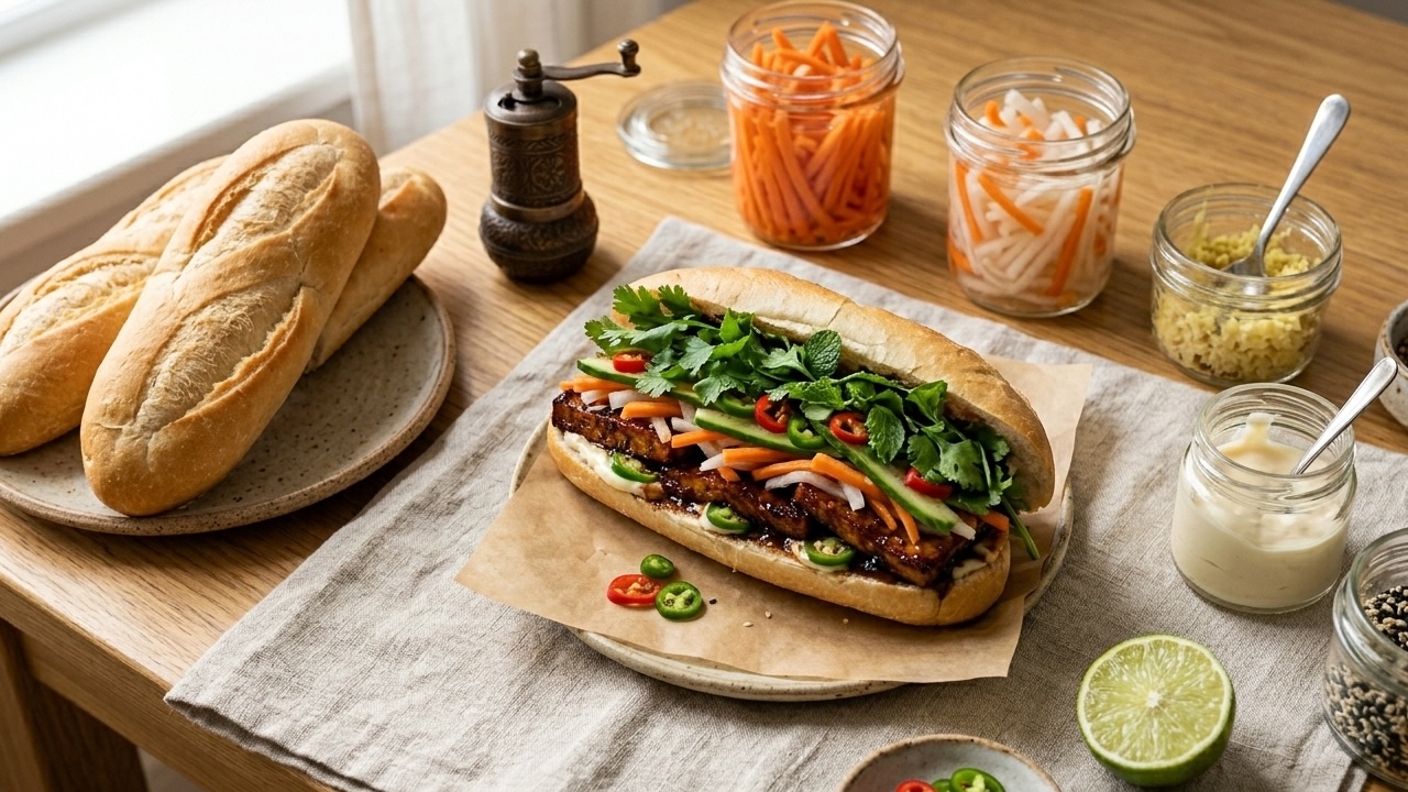Bánh Mì Décolonisé — baguette vietnamienne avec tofu laqué et légumes marinés