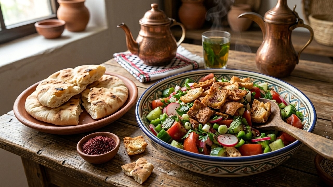 Fattoush Anti-Gaspi — salade levantine colorée avec croûtons de pain pita frit