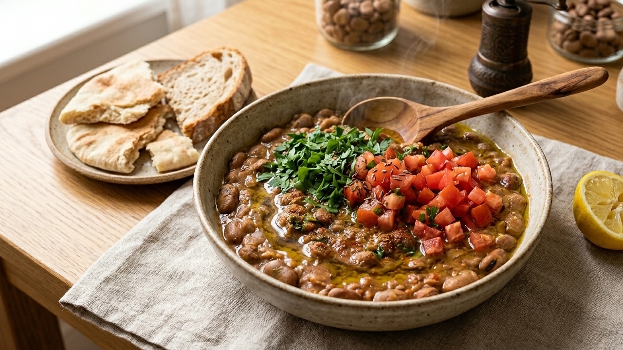 Ful Medames — gourganes mijotées arrosées d'huile d'olive et de citron
