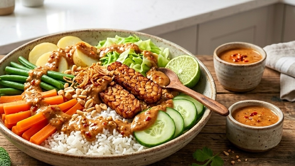 Gado-Gado Jakarta — légumes vapeur et tempeh sur riz avec sauce arachides