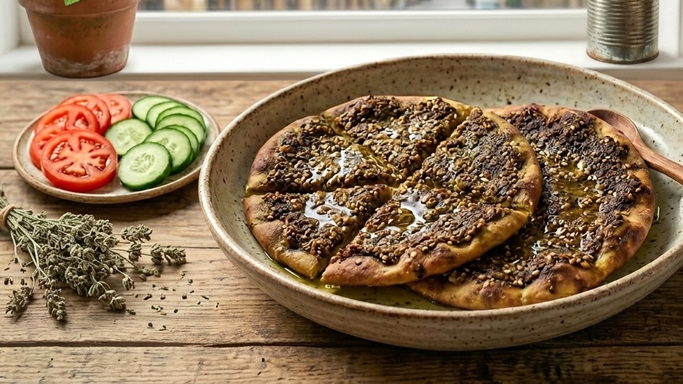 Manaqeesh za'atar — pain plat recouvert de za'atar et huile d'olive