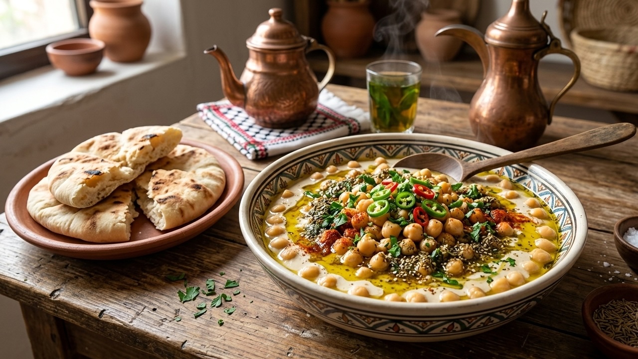 Msabbaha Falastin — pois chiches entiers chauds dans le tahini