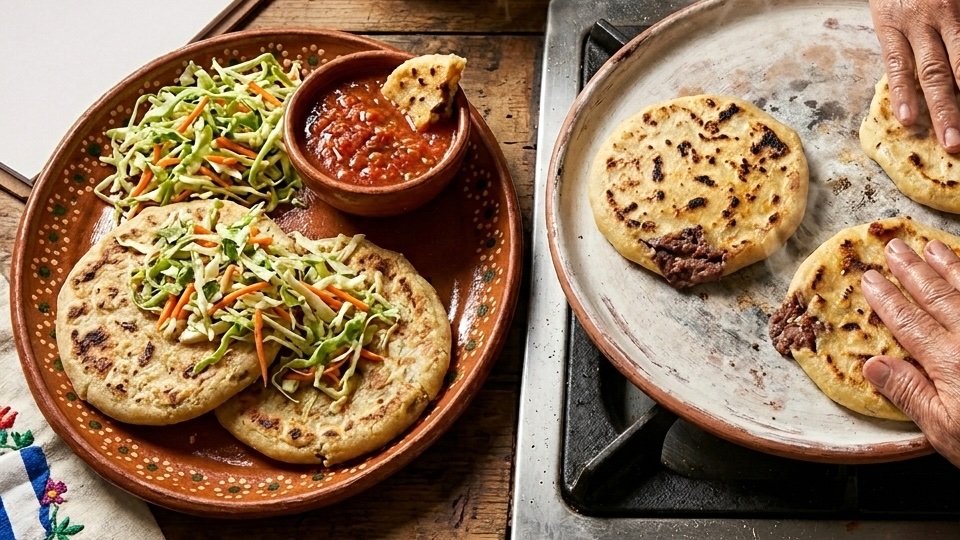 Pupusas farcies aux frijoles avec surtido et sauce tomate