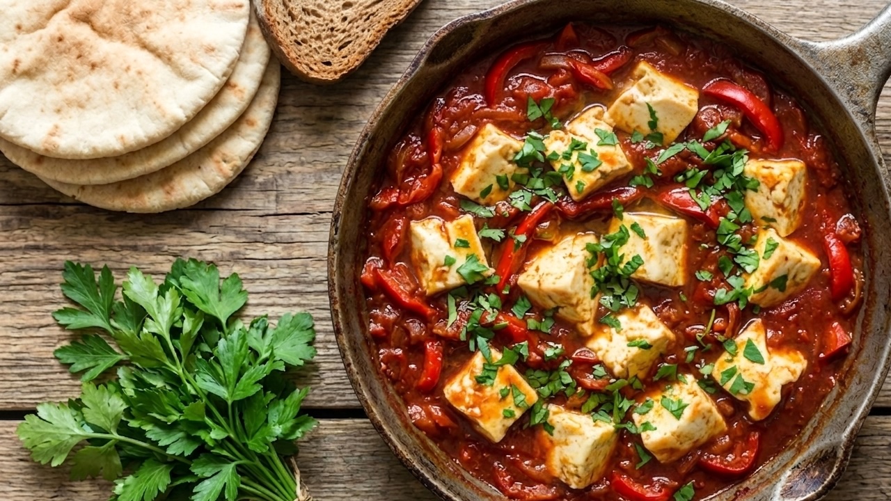 Shakshuka Intifada — tofu soyeux dans une sauce tomate-poivron épicée