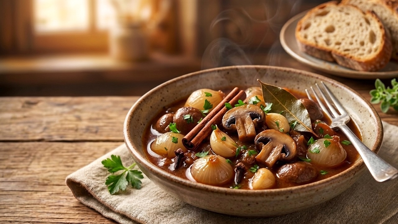 Stifado Syntagma — champignons et oignons braisés au vin rouge