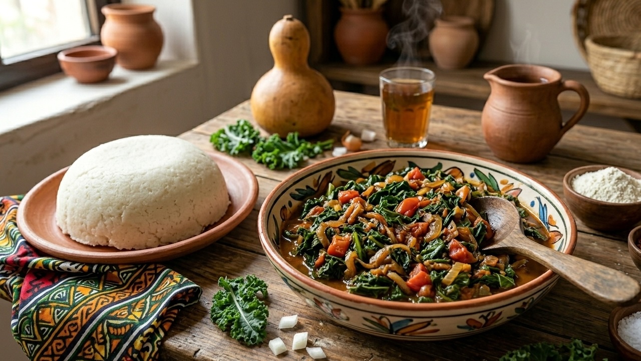 Ugali Uhuru — bloc de polenta de maïs blanc avec sukuma wiki aux feuilles vertes